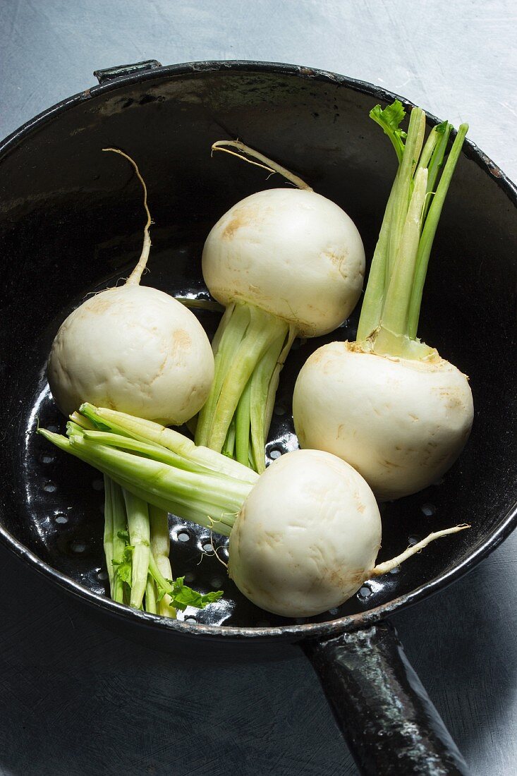 Four white radishes in a cast iron saucepan