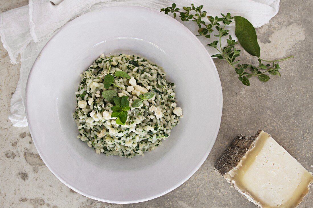Herb risotto with cheese (seen from above)