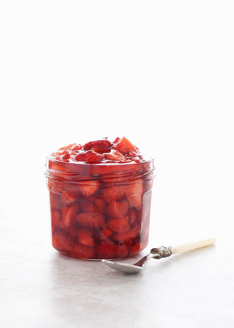 A jar of roasted strawberry sauce