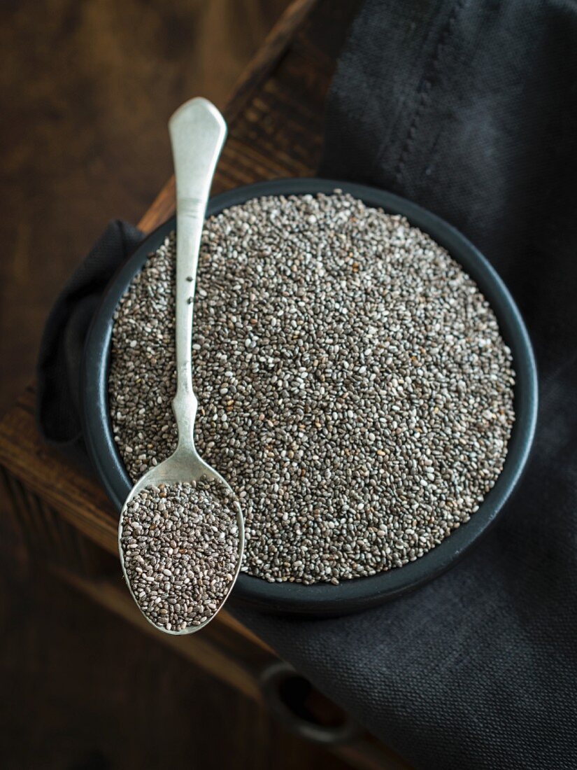 Chia seeds in a dish and on a spoon