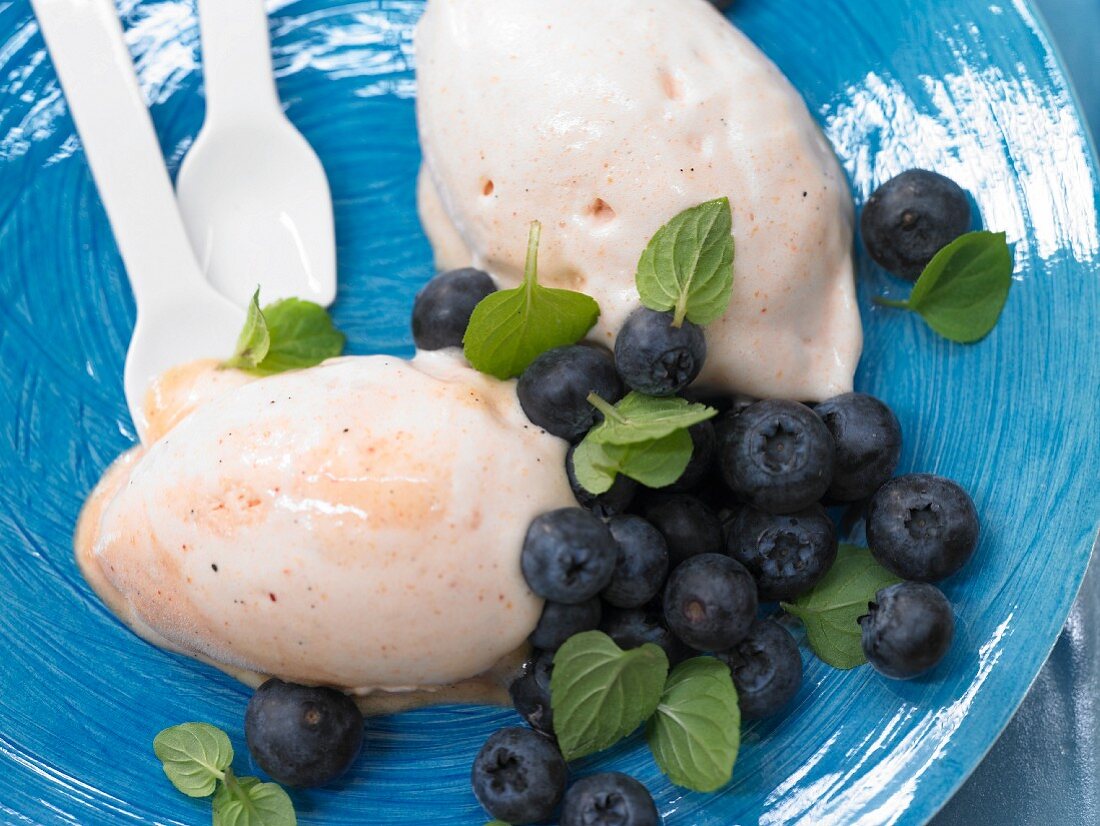 Peach sorbet with blueberries and mint