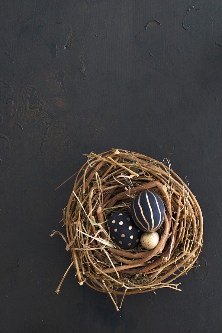 Osternest mit Weidenästen und schwarz-goldenen Eiern