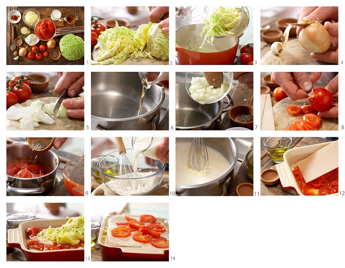 Preparing savoy cabbage lasagne with tomatoes
