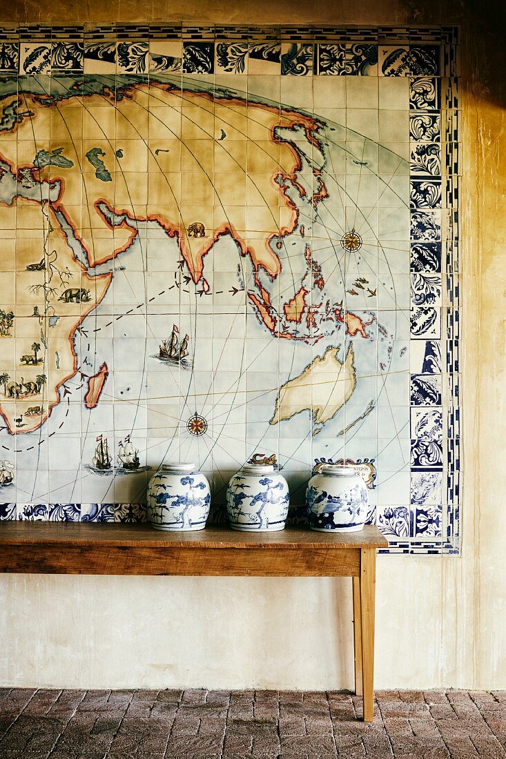 Large tiled mural of world map