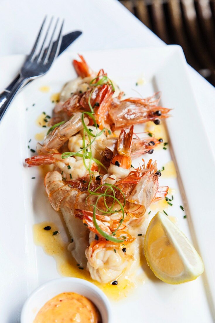 King prawns with passionfruit sauce and chilli mayonnaise