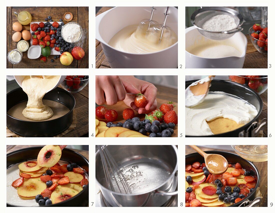 Berry and nectarine cake with yoghurt cream and cake glaze being made