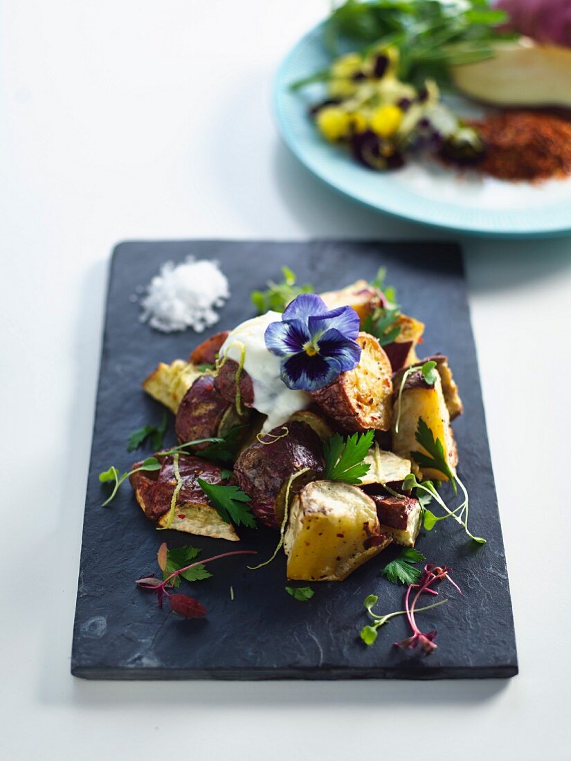 Roasted sweet potatoes with chilli and yoghurt