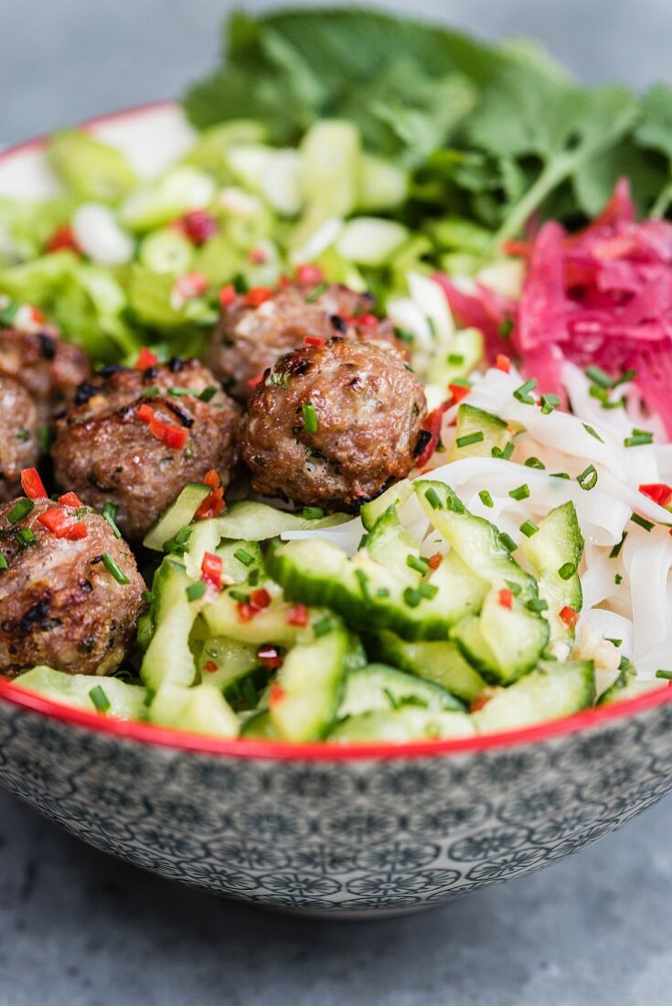 Vietnamese pork meatballs with vegetable salad