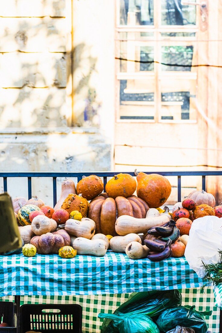 Assorted pumpkins and squashes at a market stand in Beirut, Lebanon