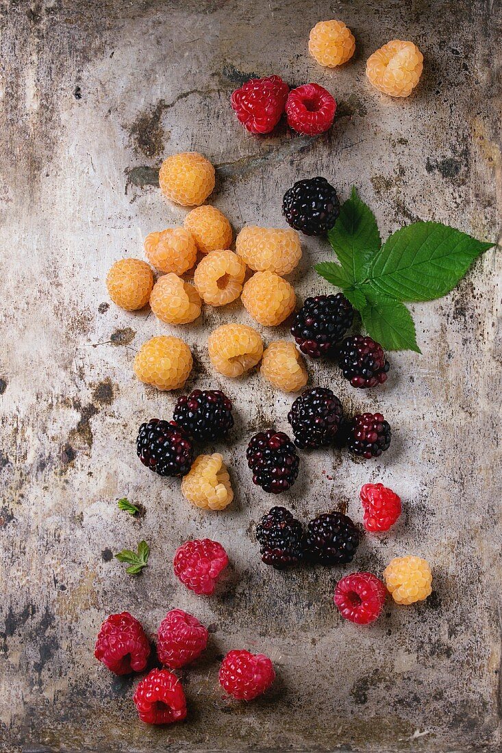 Heap of colorful yellow and red raspberries and black dewberry with leaf over old wet iron textured background.