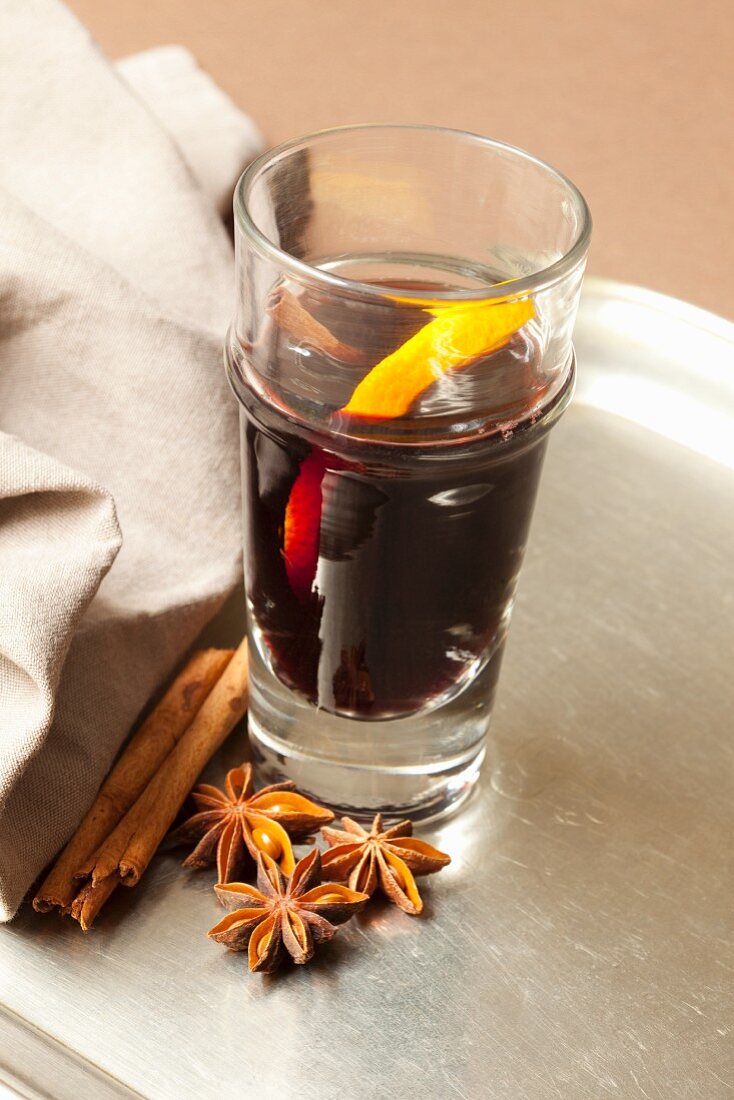 Mulled wine with cinnamon, orange and star anise