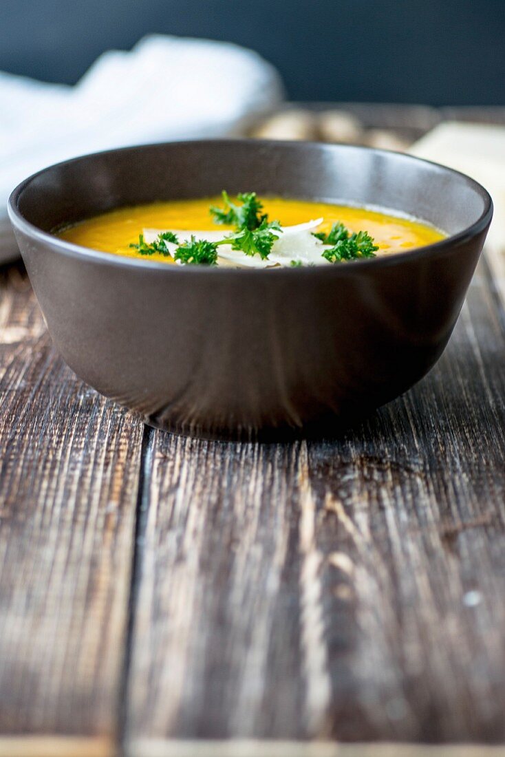 Carrot soup with coconut milk, ginger and sweet potatoes