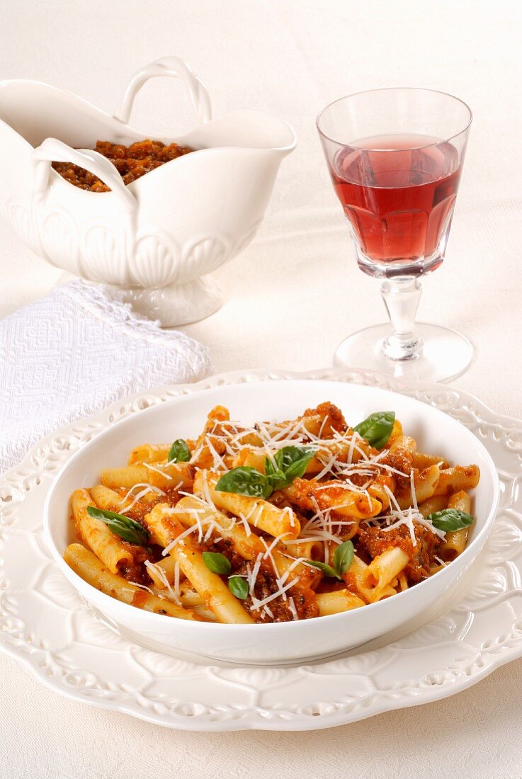 Ziti with meat sauce and Parmesan