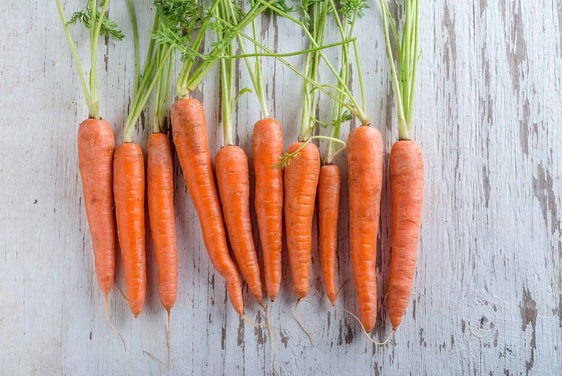 A row of carrots on a white wooden board