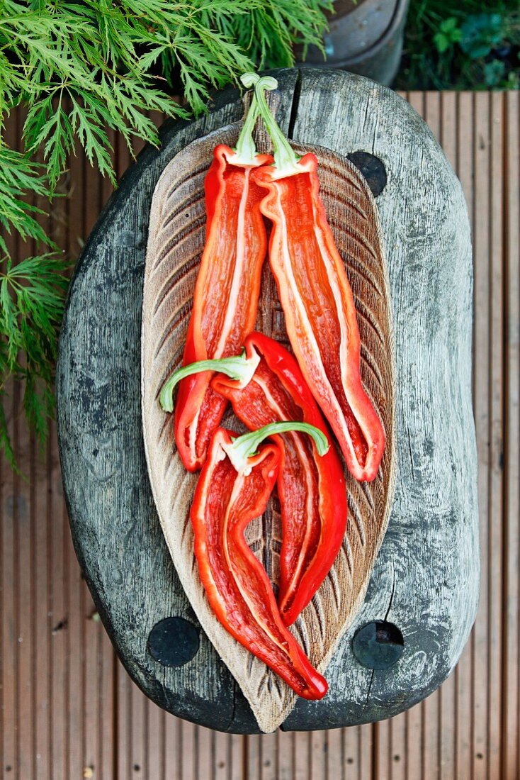 Red pointed peppers, sliced in half