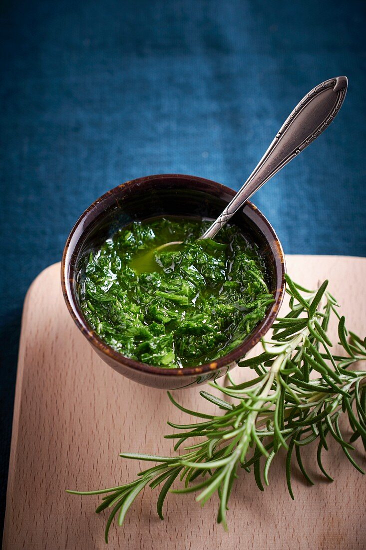 Pesto with rosemary in a bowl
