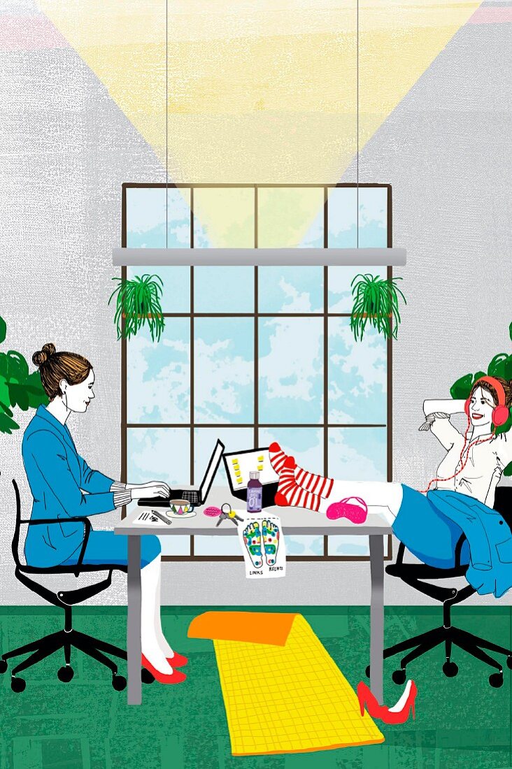 Illustration: Power-Pausen im Büro, Zwei Frauen beim Arbeiten und Erholen