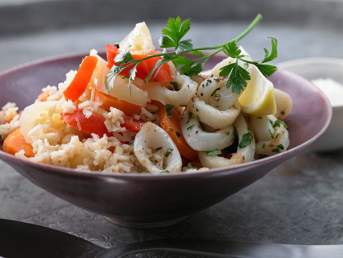 Risotto with fried calamari and pepper