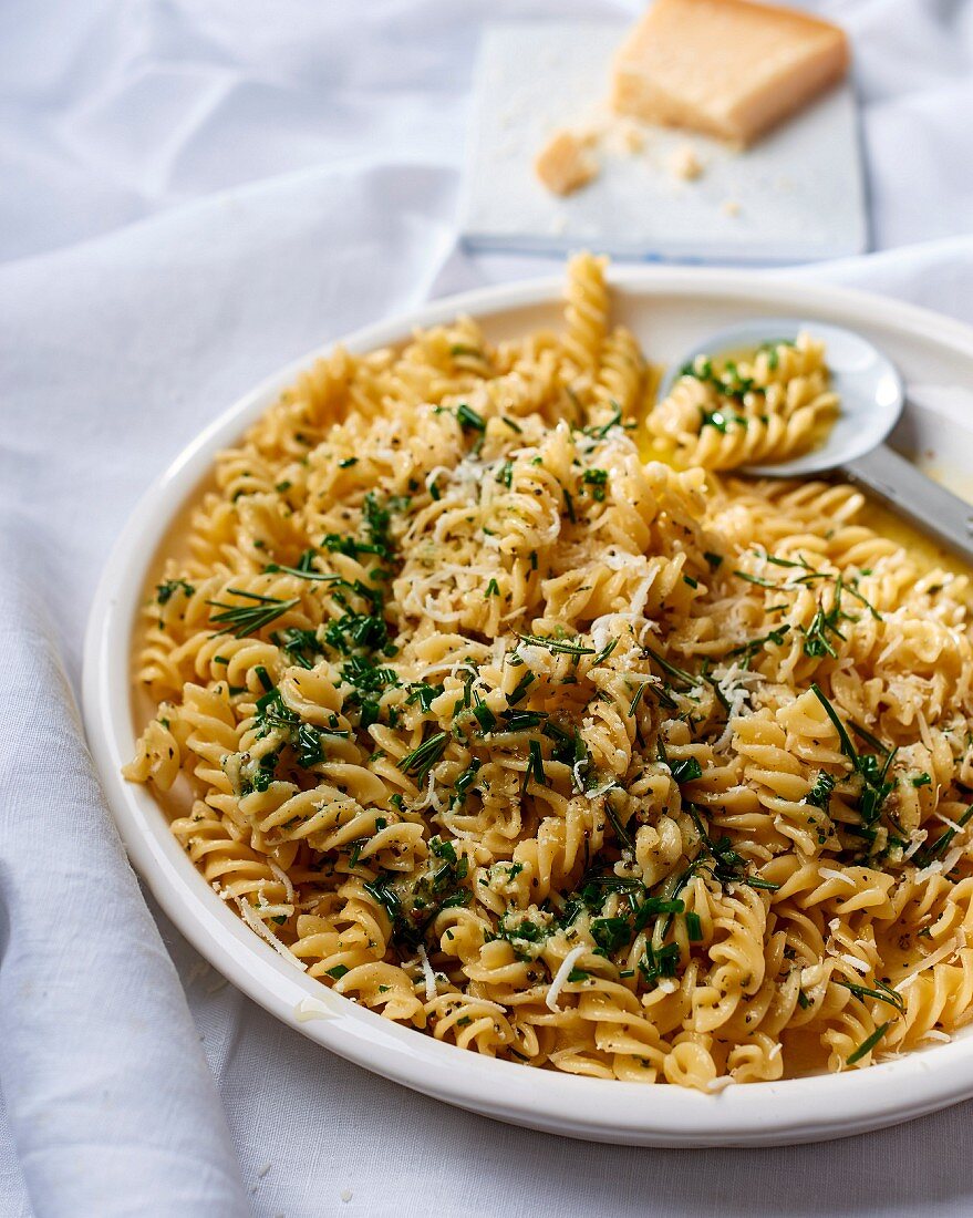 Pasta with herbs, anchovies, garlic butter and Parmesan