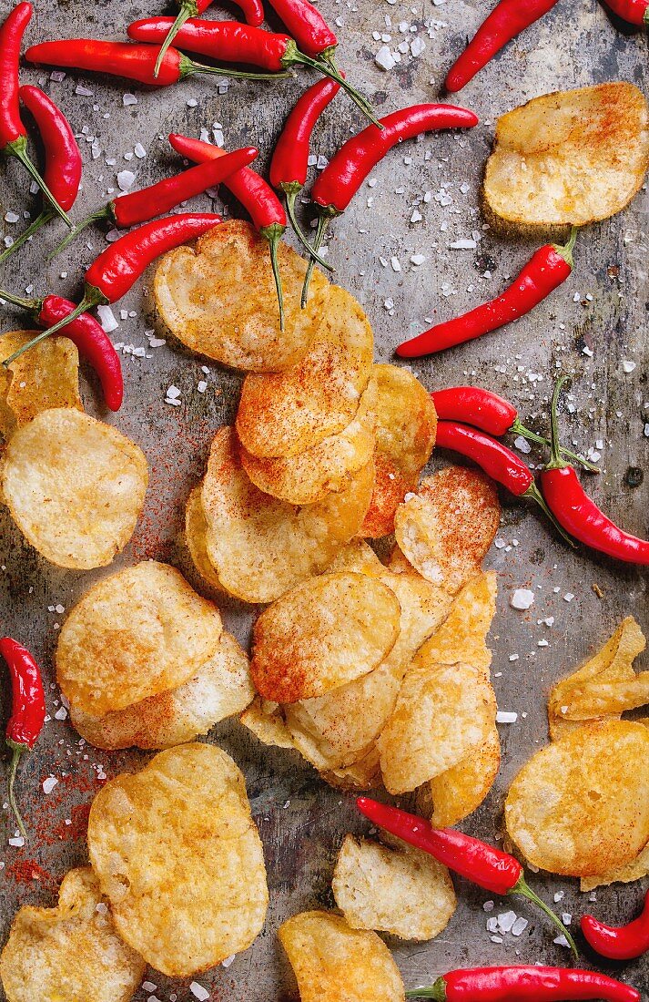 Spicy potato crisps with sea salt and red hot chilli peppers
