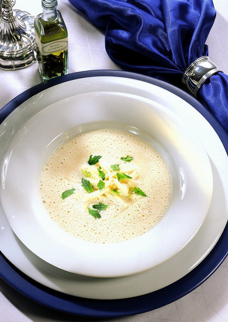 Turnip Cabbage Cream Soup with Truffle Oil in Soup Bowl