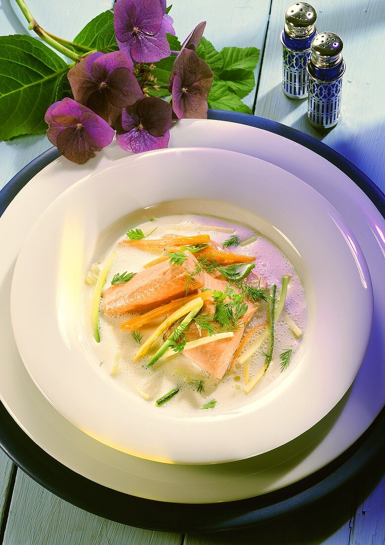 Buttermilk Soup with Trout Fillet and Vegetables Strips