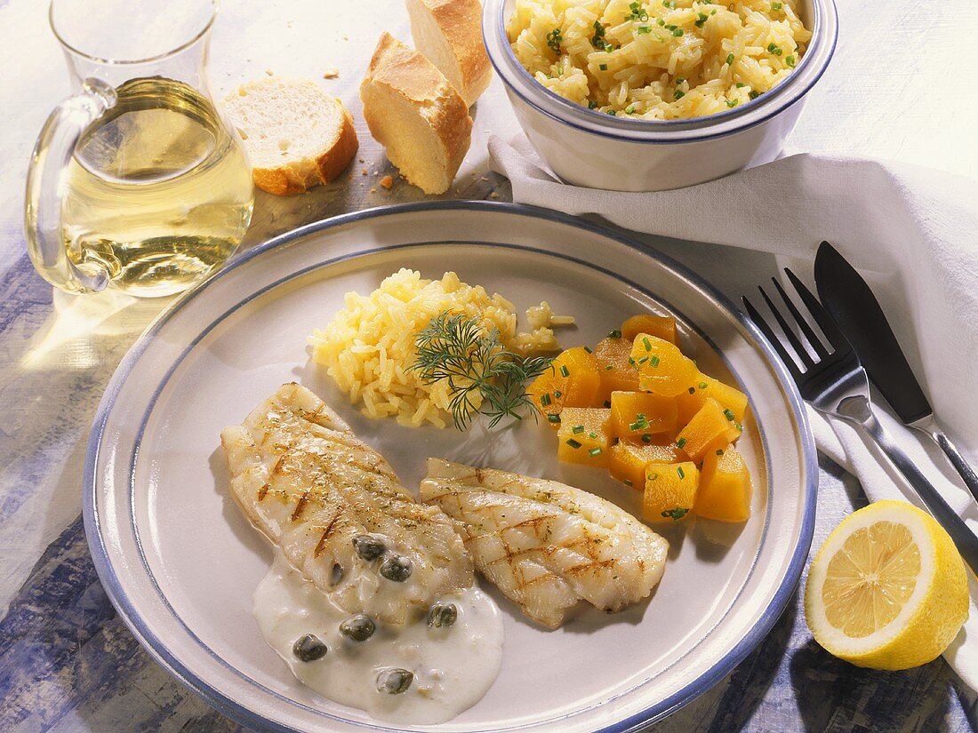Grilled halibut fillet with squash & rice