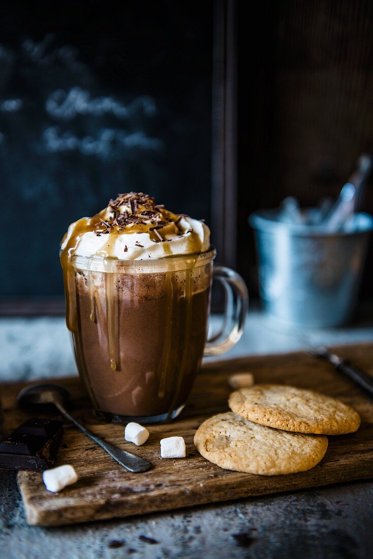 A mug of hot chocolate with whipped cream and toffee sauce next to biscuits and marshmallows