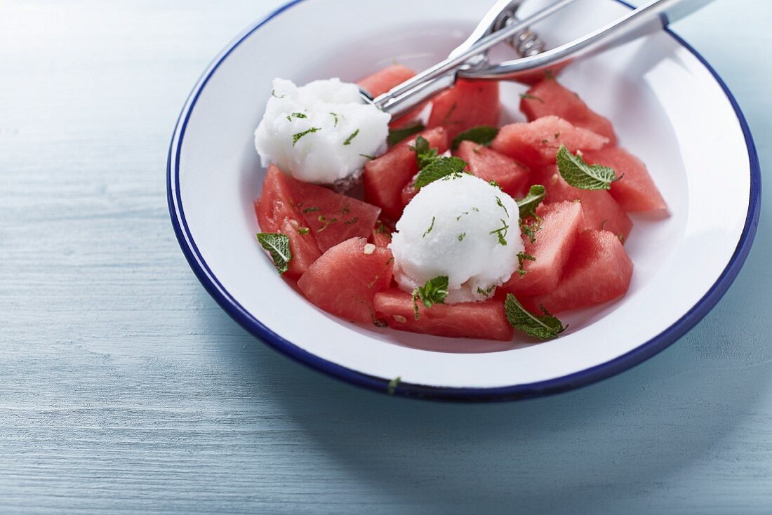 Watermelon with lime sorbet and mint