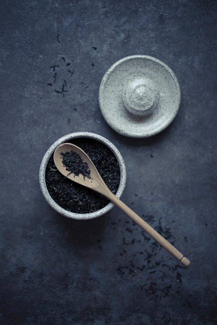 Tea leaves in a ceramic bowl
