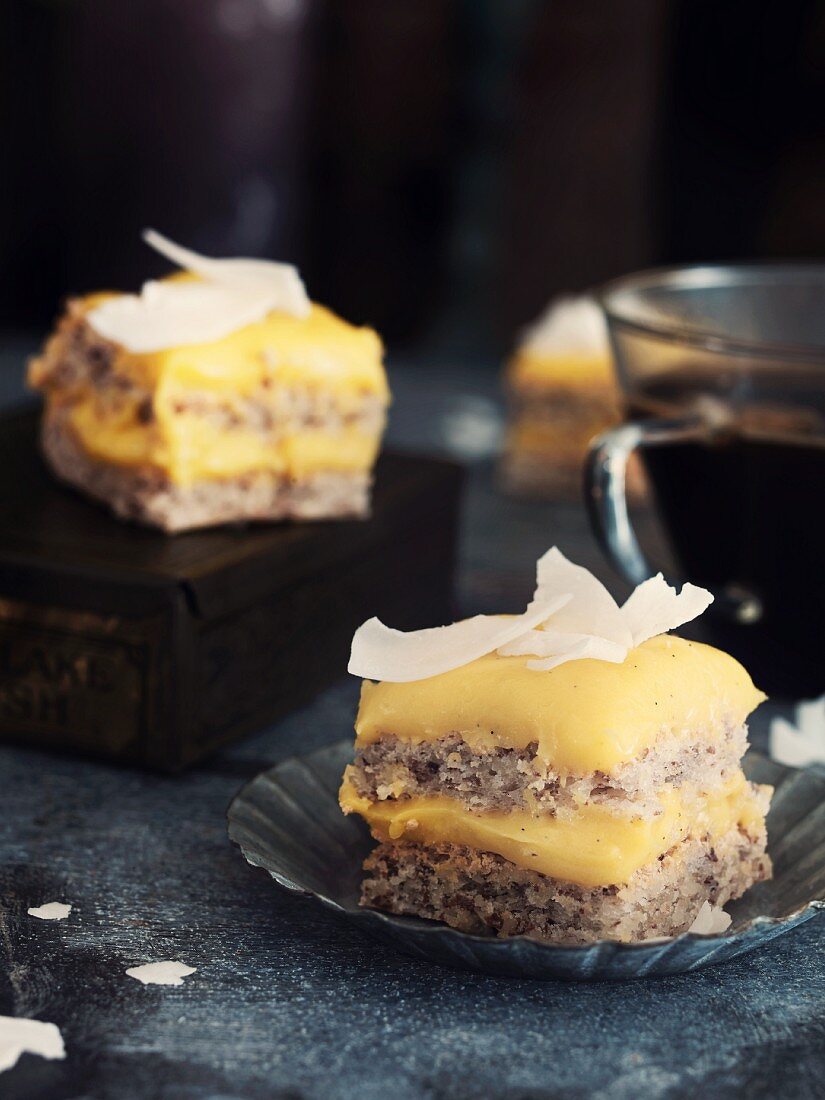 Almond cake with egg cream and coconut