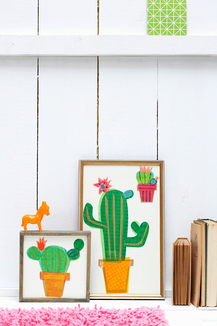 Selbstgemachte Klebe-Bilder aus Papier mit Kaktus-Motiv