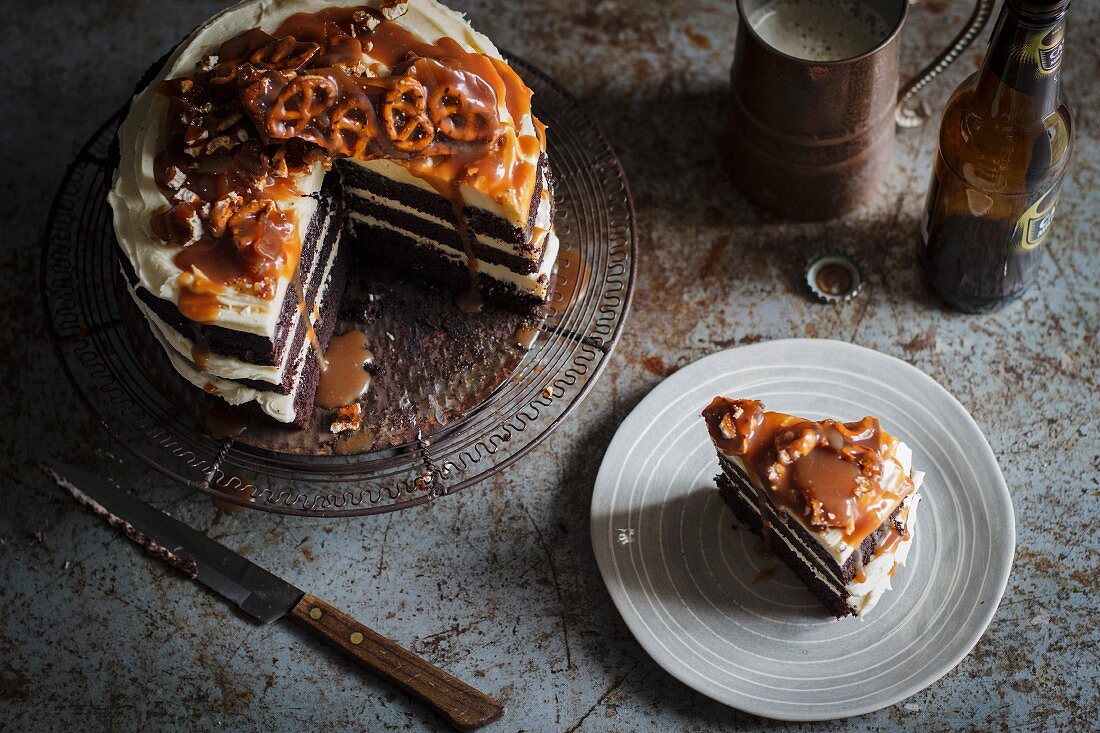 A chocolate and stout cake with pretzels