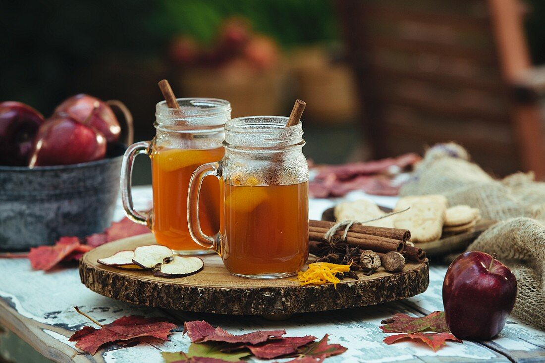 Hot mulled cider on an autumnal table