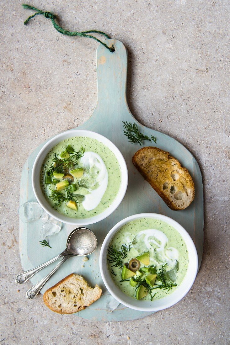 Chilled cucumber and avocado soup with dill