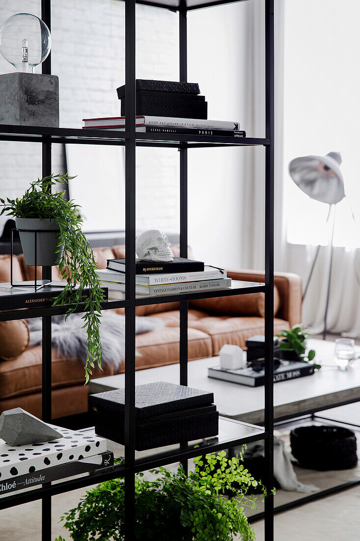 Open shelf made of black metal and glass in the living room