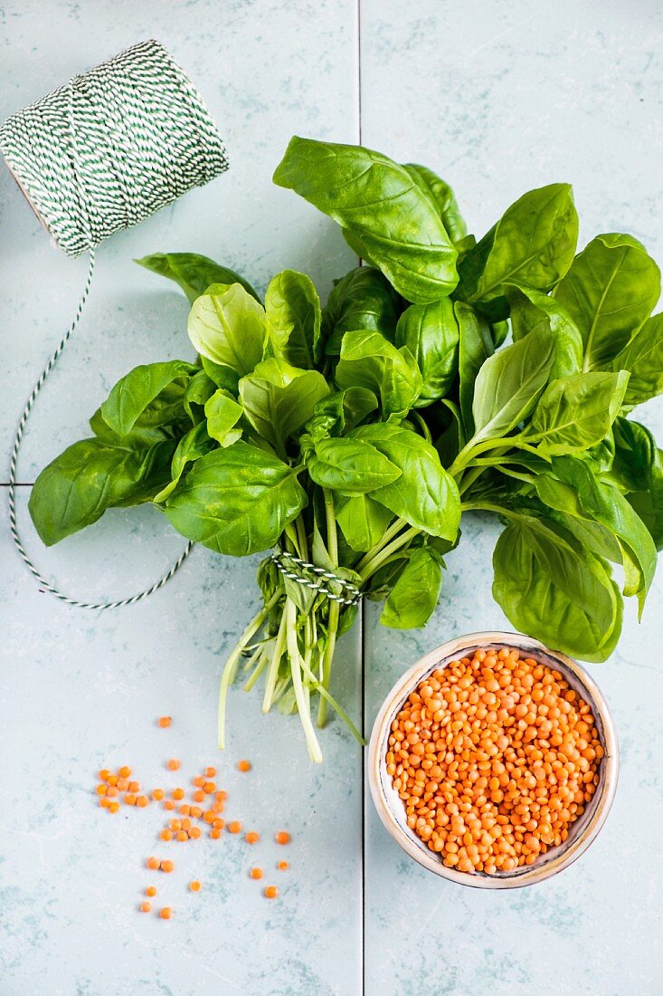 Red lentils and basil for hummus