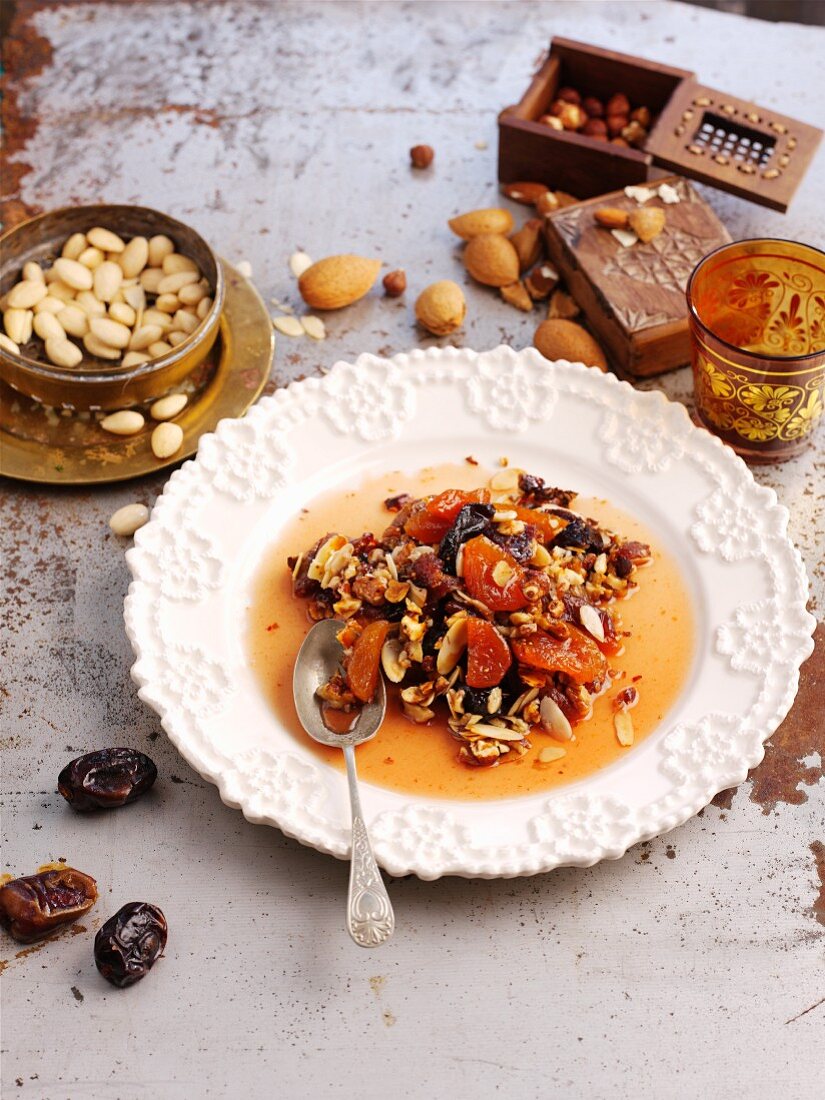 Dried fruit compote with almonds and honey (North Africa)