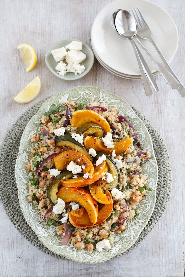 Warm squash salad with couscous, chickpeas and feta cheese