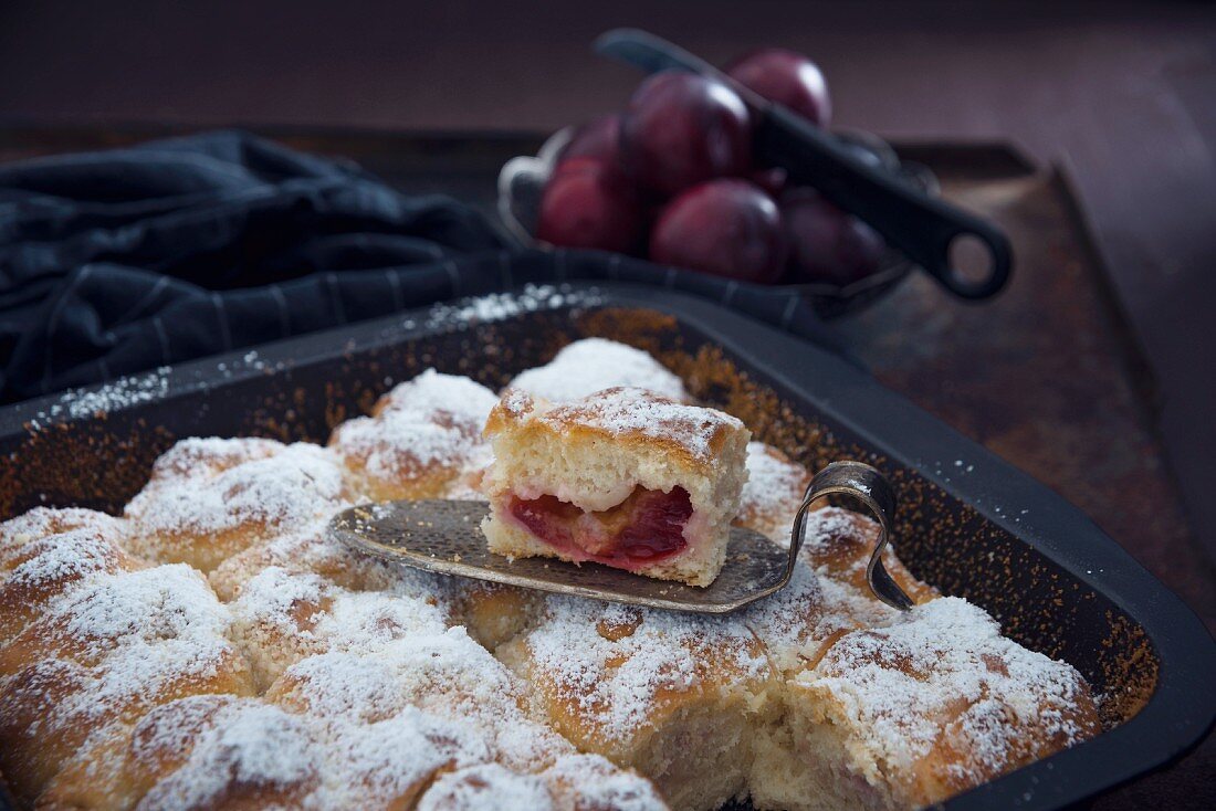 Vegan plum 'Buchteln' (baked, sweet yeast dumplings) on a baking tray