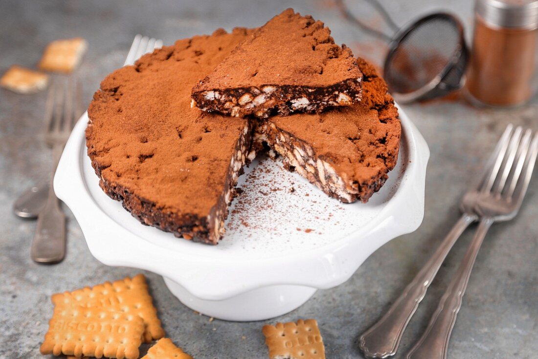 A no-bake cocoa and shortbread biscuit cake