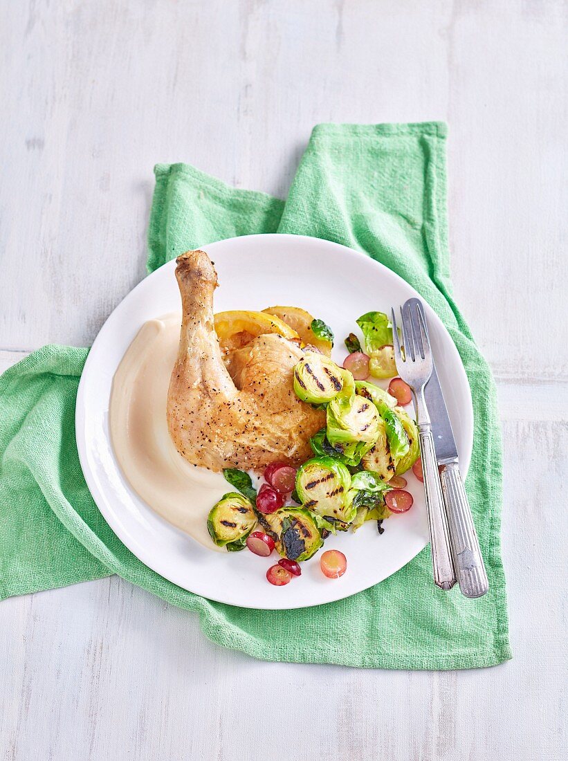 Lemon Chicken with Brussels Sprout and Grape Salad