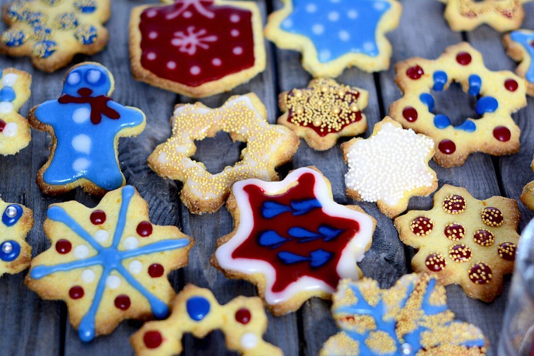 Assorted gingerbread biscuits with colourful icing