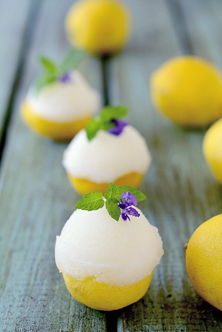 Lemon sorbet served in lemon halves
