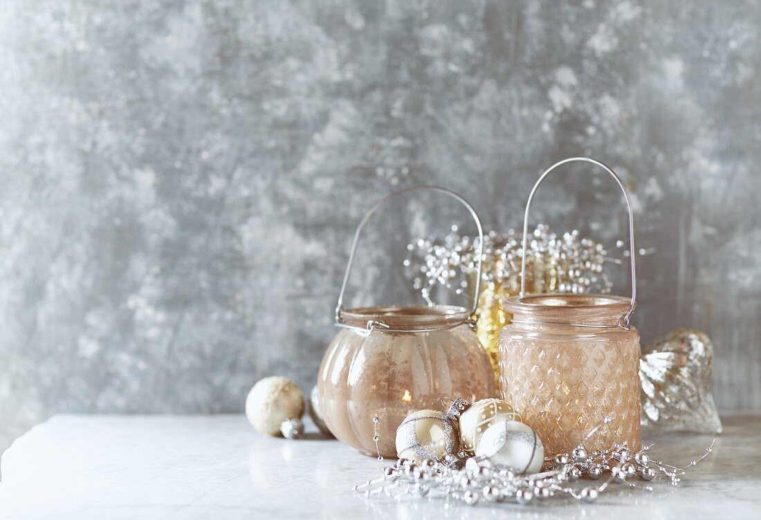 Candle lanterns and Christmas baubles