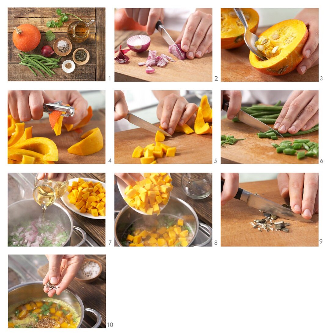 How to make a pumpkin dish with green beans and red onion