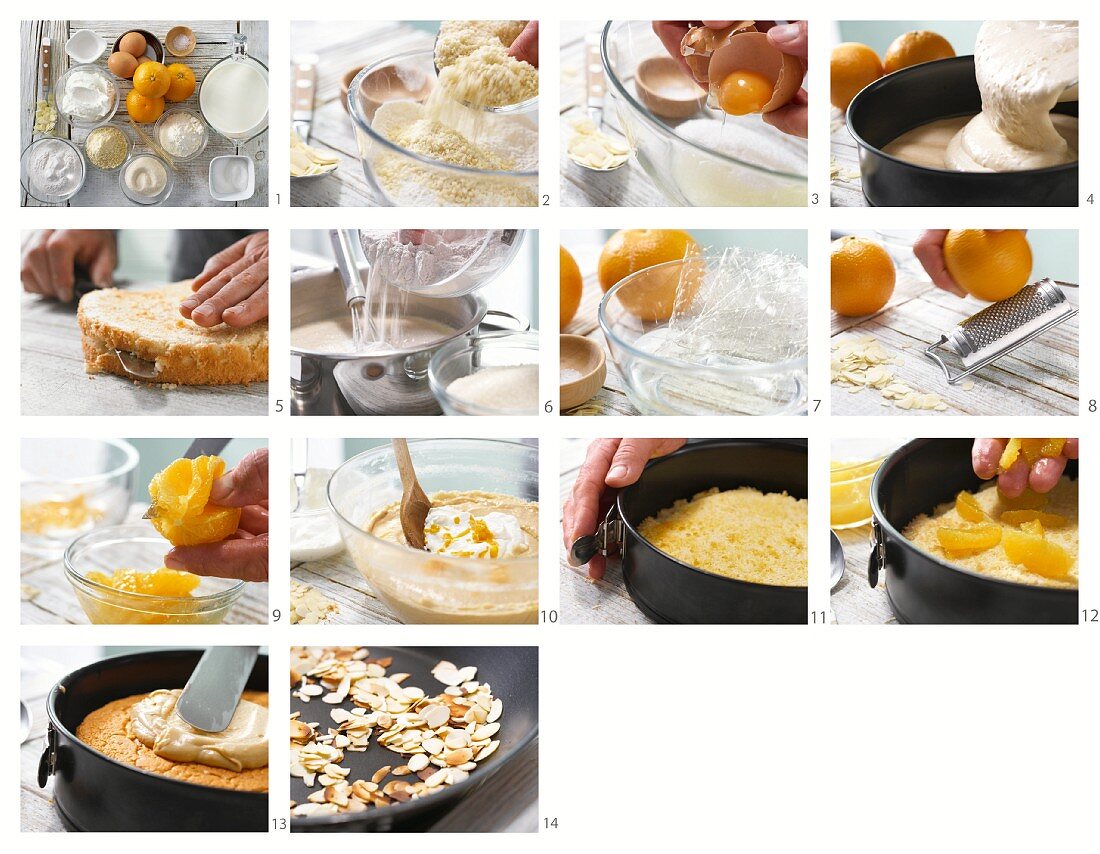 Karamell-Cremetorte mit Orangenfilets und Mandeln zubereiten
