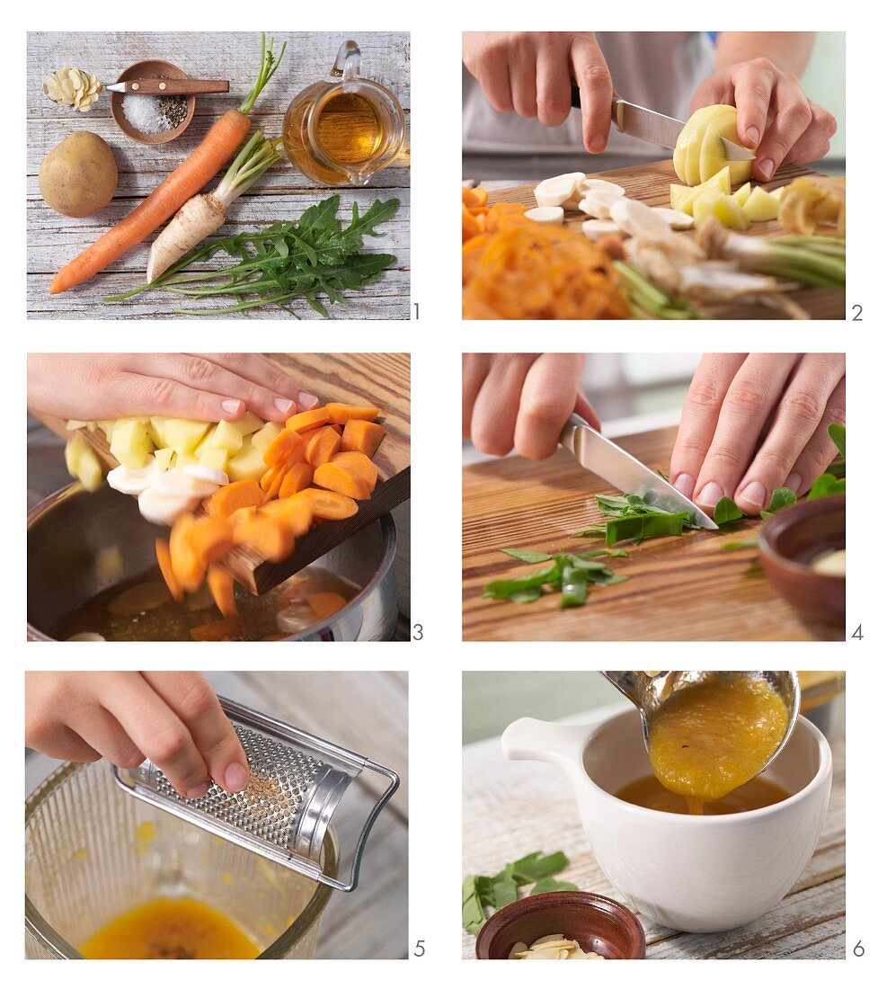How to prepare a carrot and potato cream soup with rocket and almond flakes