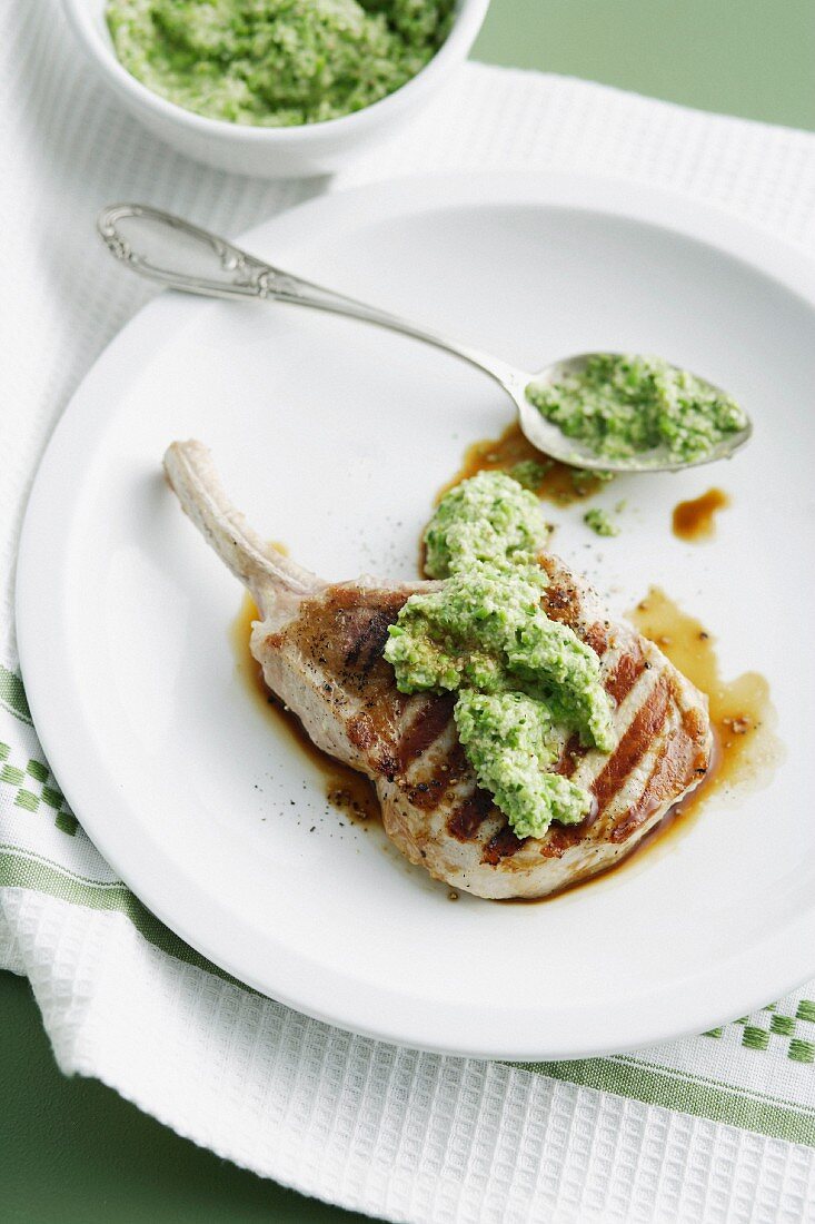 Grilled Pork Cutlets with Pea Chutney
