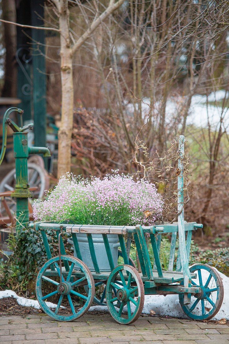 Purple gypsophila in zinc bucket in vintage pull-along cart